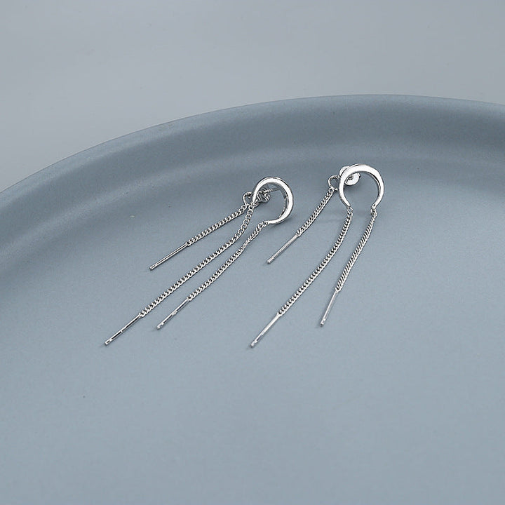 Silver Moon Crescent Chain Earrings Dark Tiger