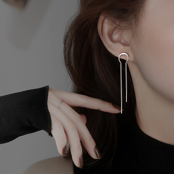 Silver Moon Crescent Chain Earrings Dark Tiger