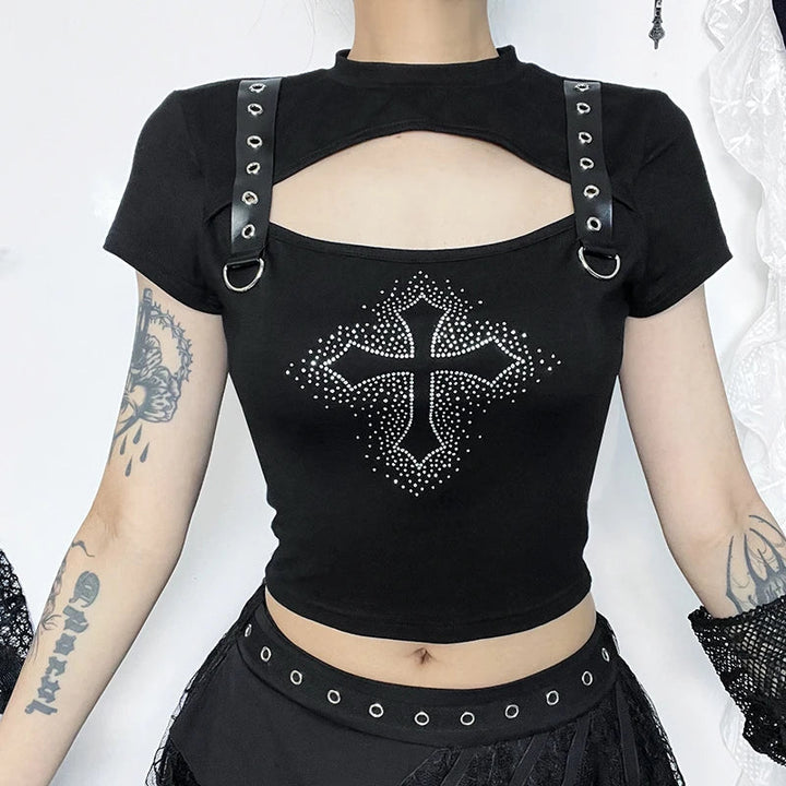 Gothic Cross Crop T-Shirt Dark Tiger