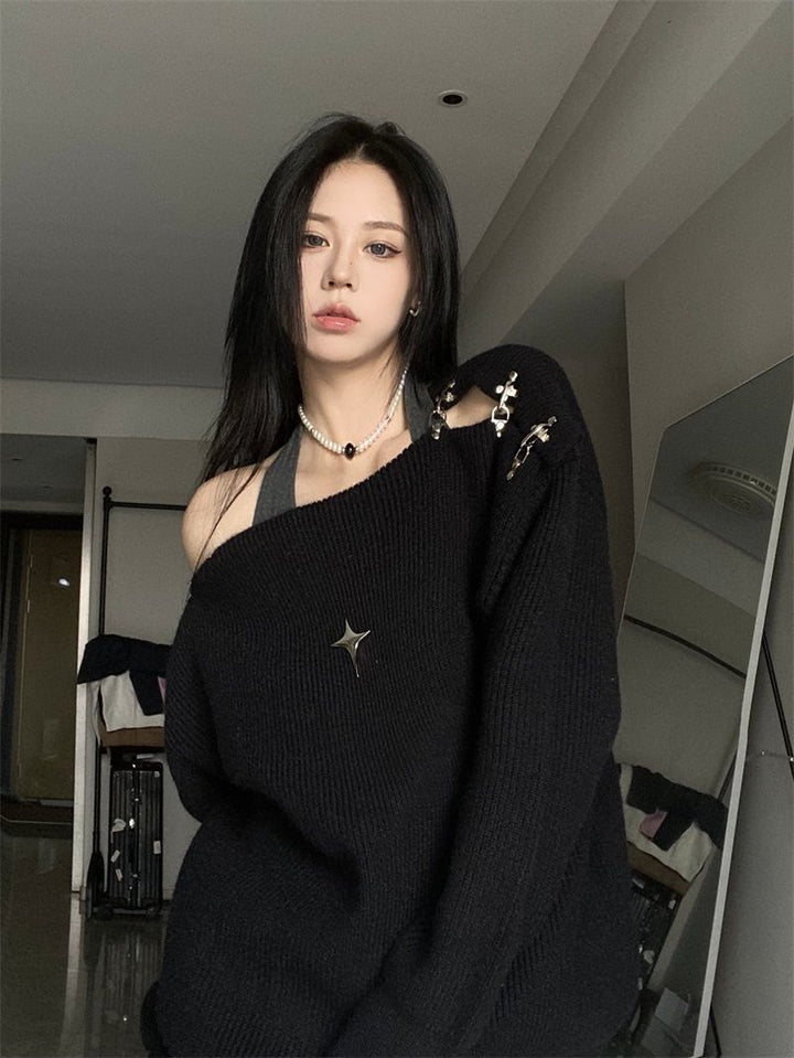 Korean Off Shoulder Y2K Sweater Dark Tiger