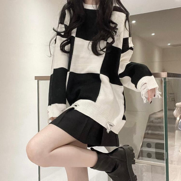 Korean Style Plaid Sweater Dark Tiger