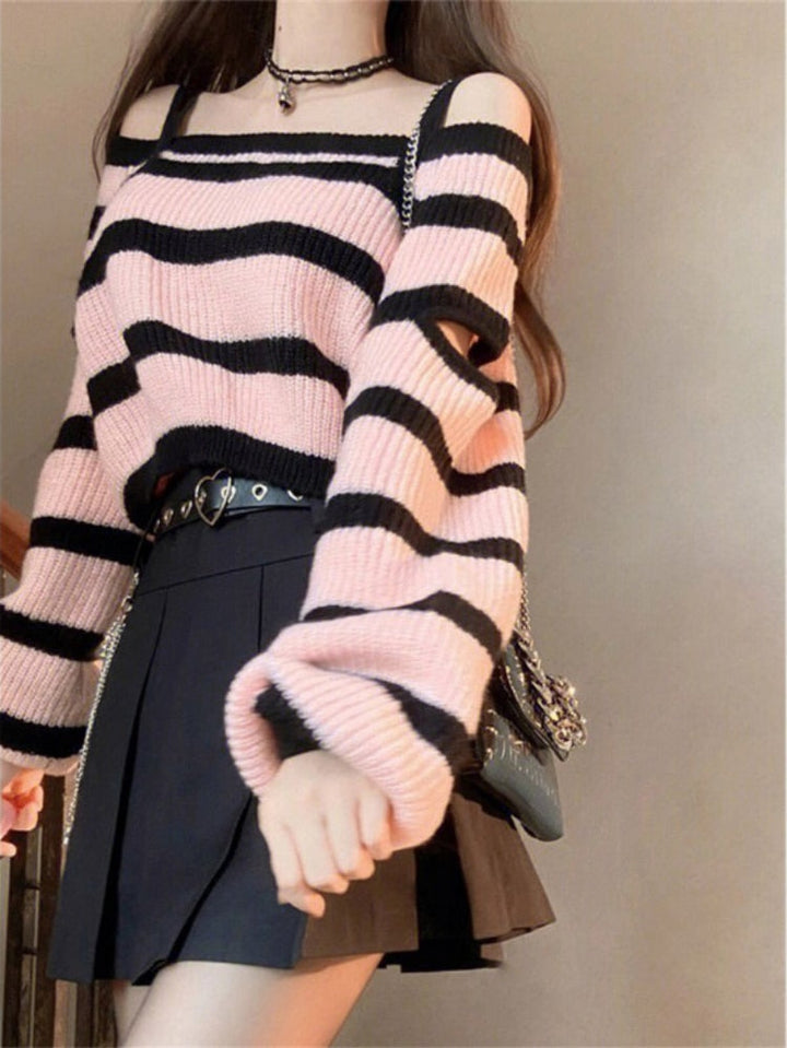 Harajuku Striped Off Shoulder Sweater Dark Tiger