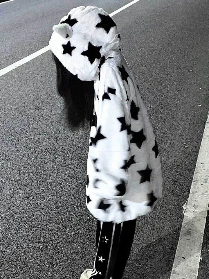 Fluffy Star Hoodie Y2k Dark Tiger