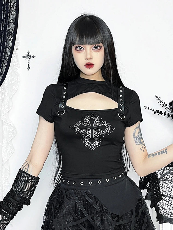 Gothic Cross Crop T-Shirt Dark Tiger