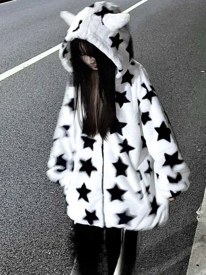 Fluffy Star Hoodie Y2k Dark Tiger