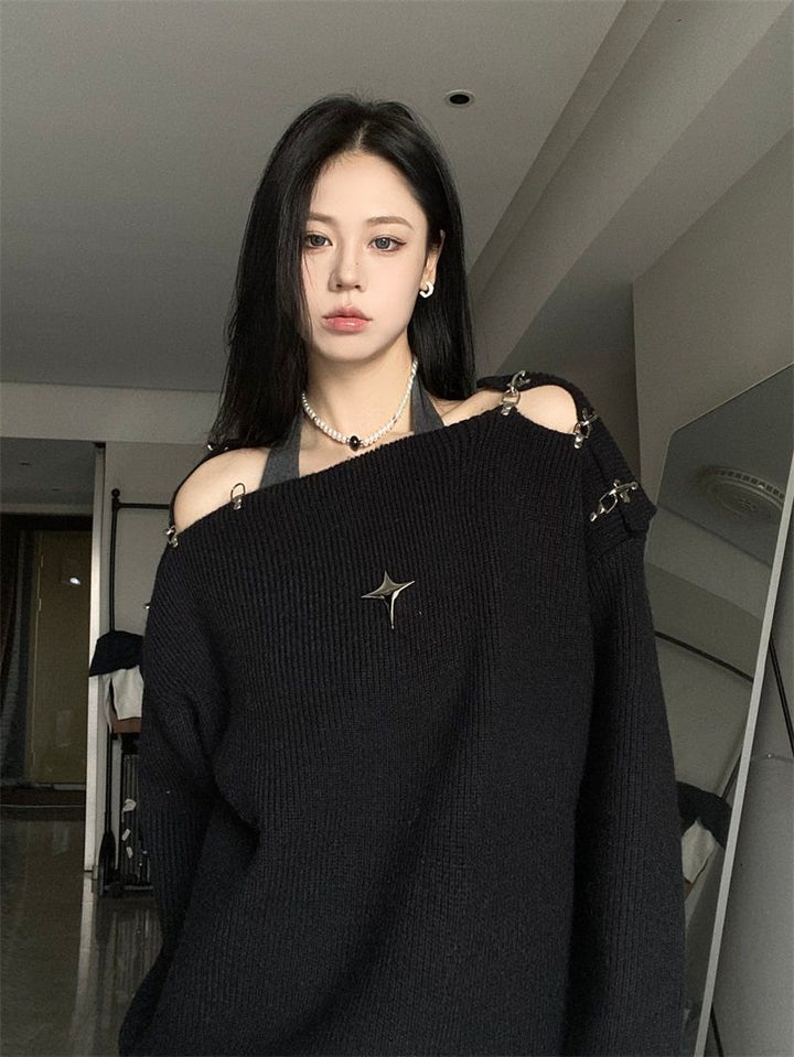 Korean Off Shoulder Y2K Sweater Dark Tiger