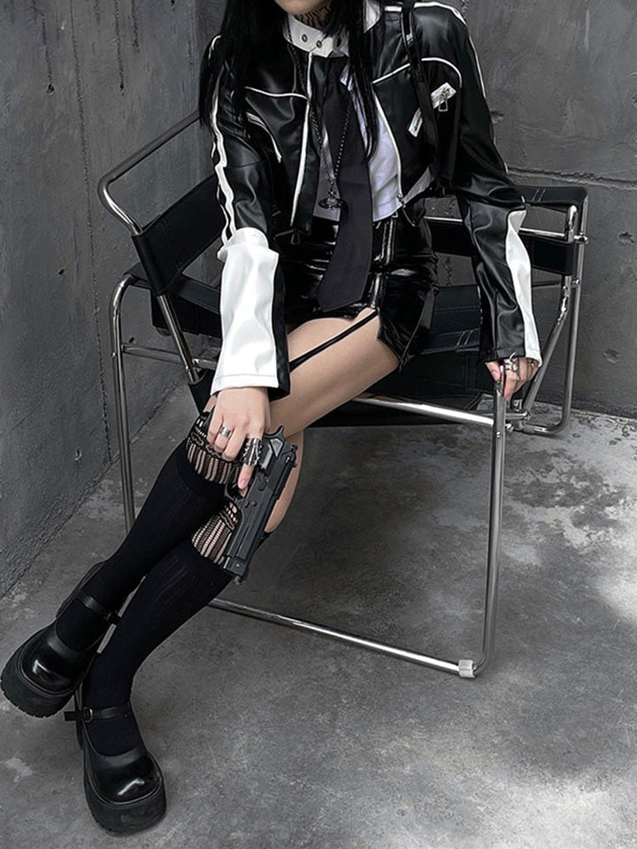 Short Patchwork Leather Jacket Dark Tiger