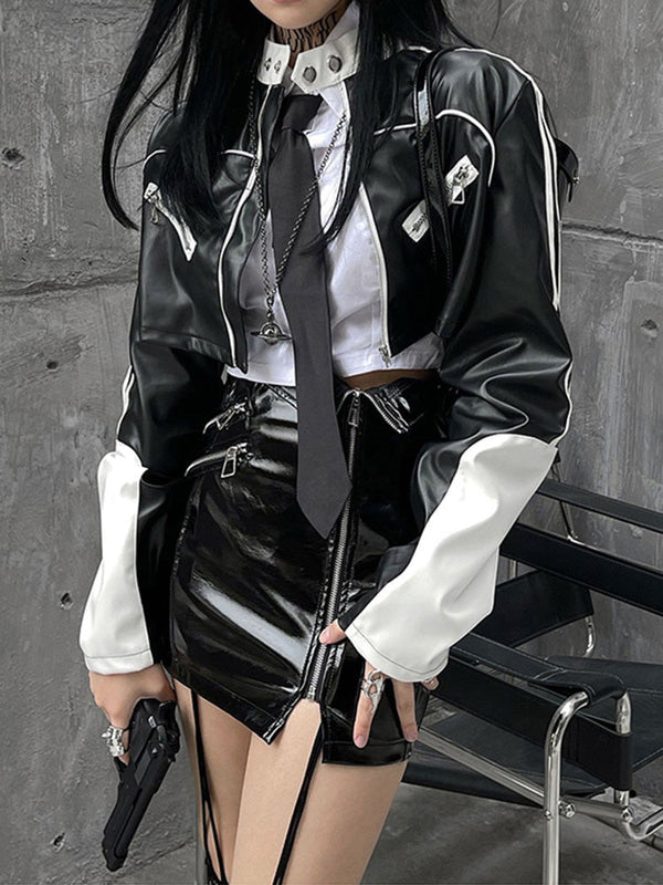 Short Patchwork Leather Jacket Dark Tiger
