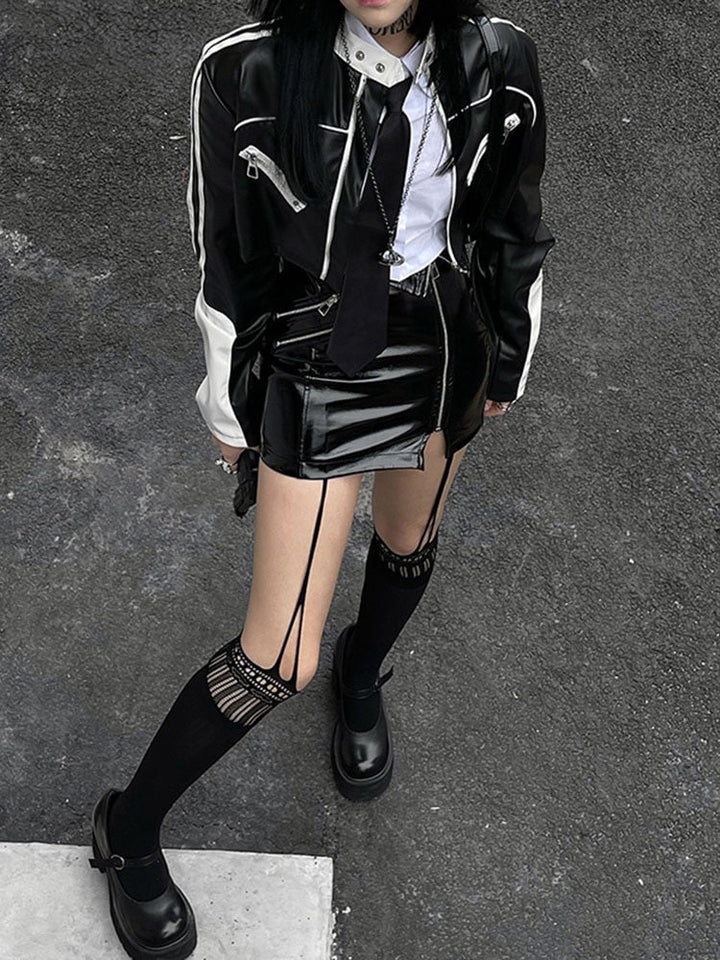 Short Patchwork Leather Jacket Dark Tiger