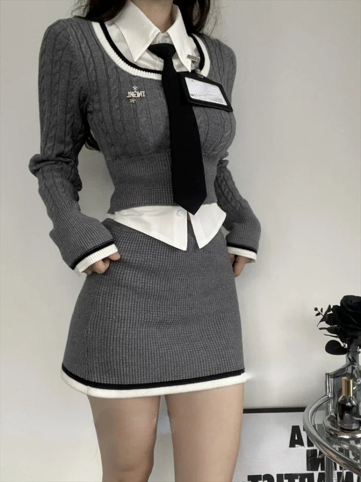 Korean Style Set - Top, Shirt & Skirt Dark Tiger